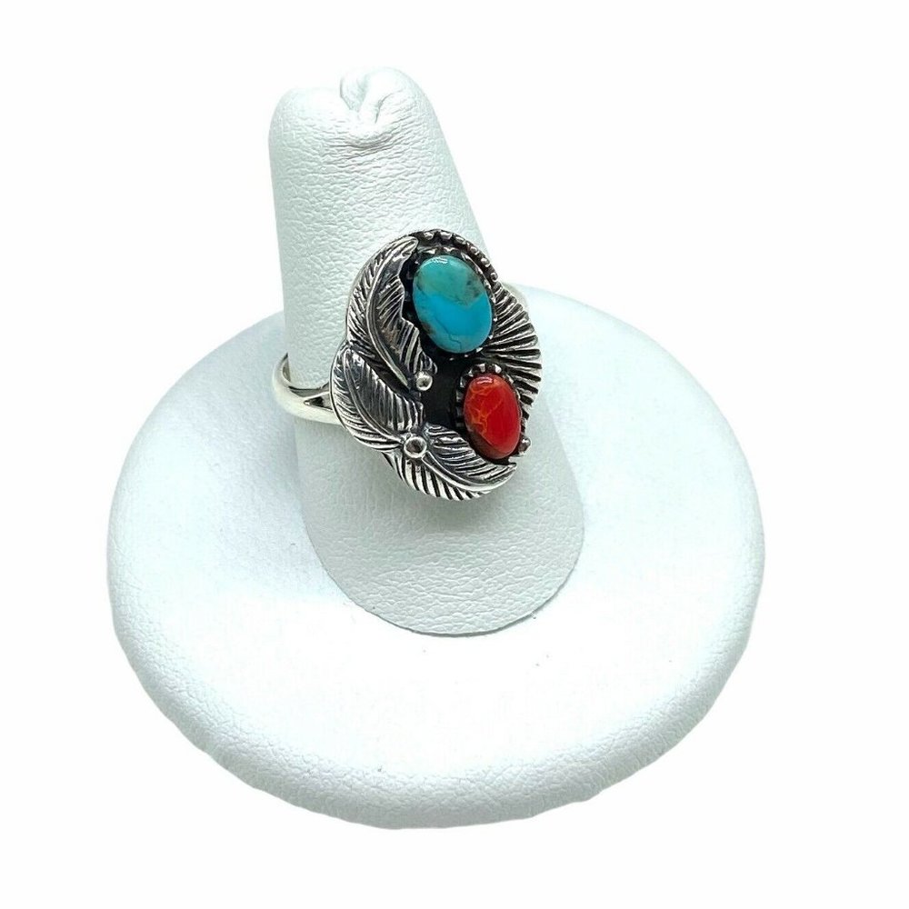 Turquoise Coral Ring 925 Sterling Silver Boho - Picture 3 of 5